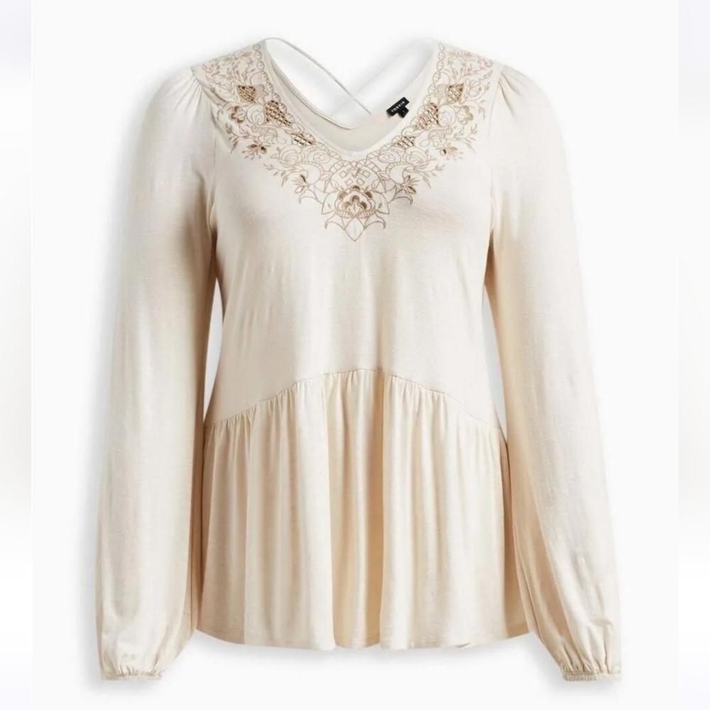 NWY, Torrid Babydoll V-Neck Embroidered Long Sleeve Top, size 0